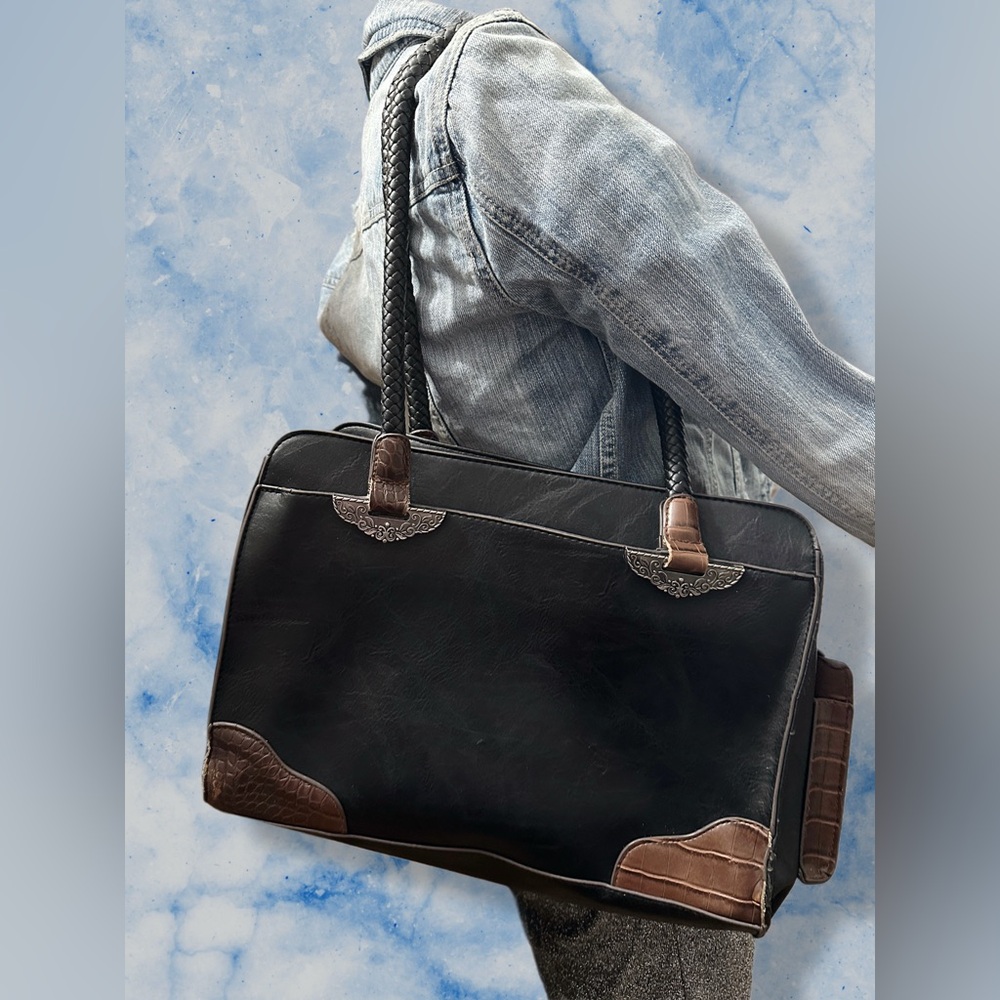Classic Black Leather Bag with Brown Accents
